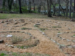 Warnock backyard labyrinth. Our backyard labyrinth made from rocks and mulch.